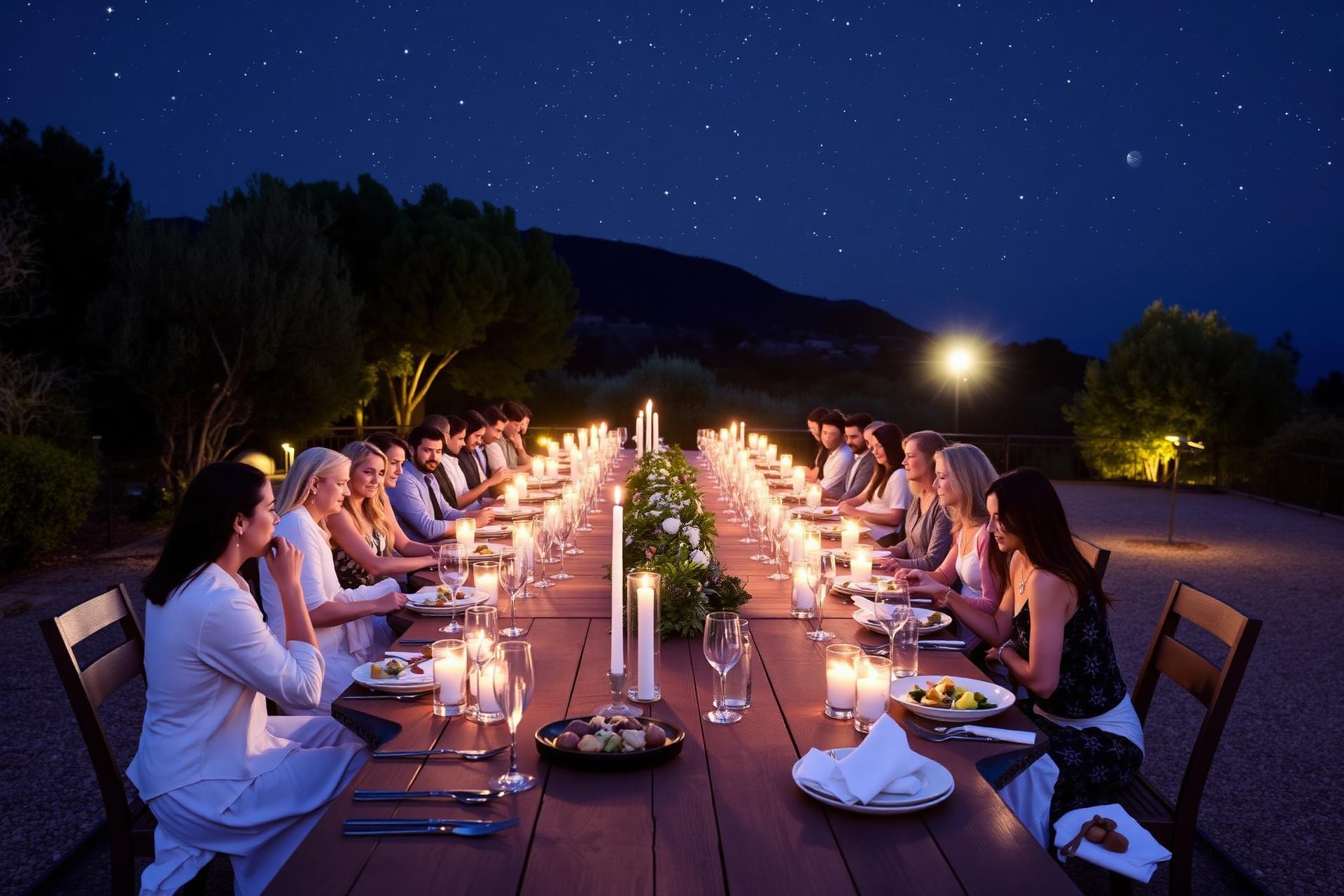Candlelit communal dinner beneath the Sicilian sky